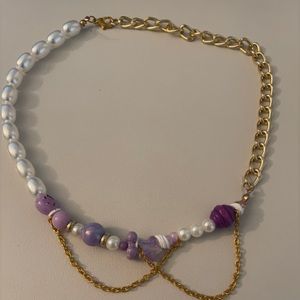 Hand made purple gold chain pearl charm necklace